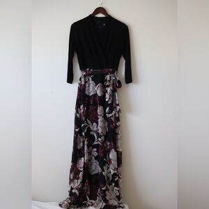 Black and floral floor length dress with zipper and sash